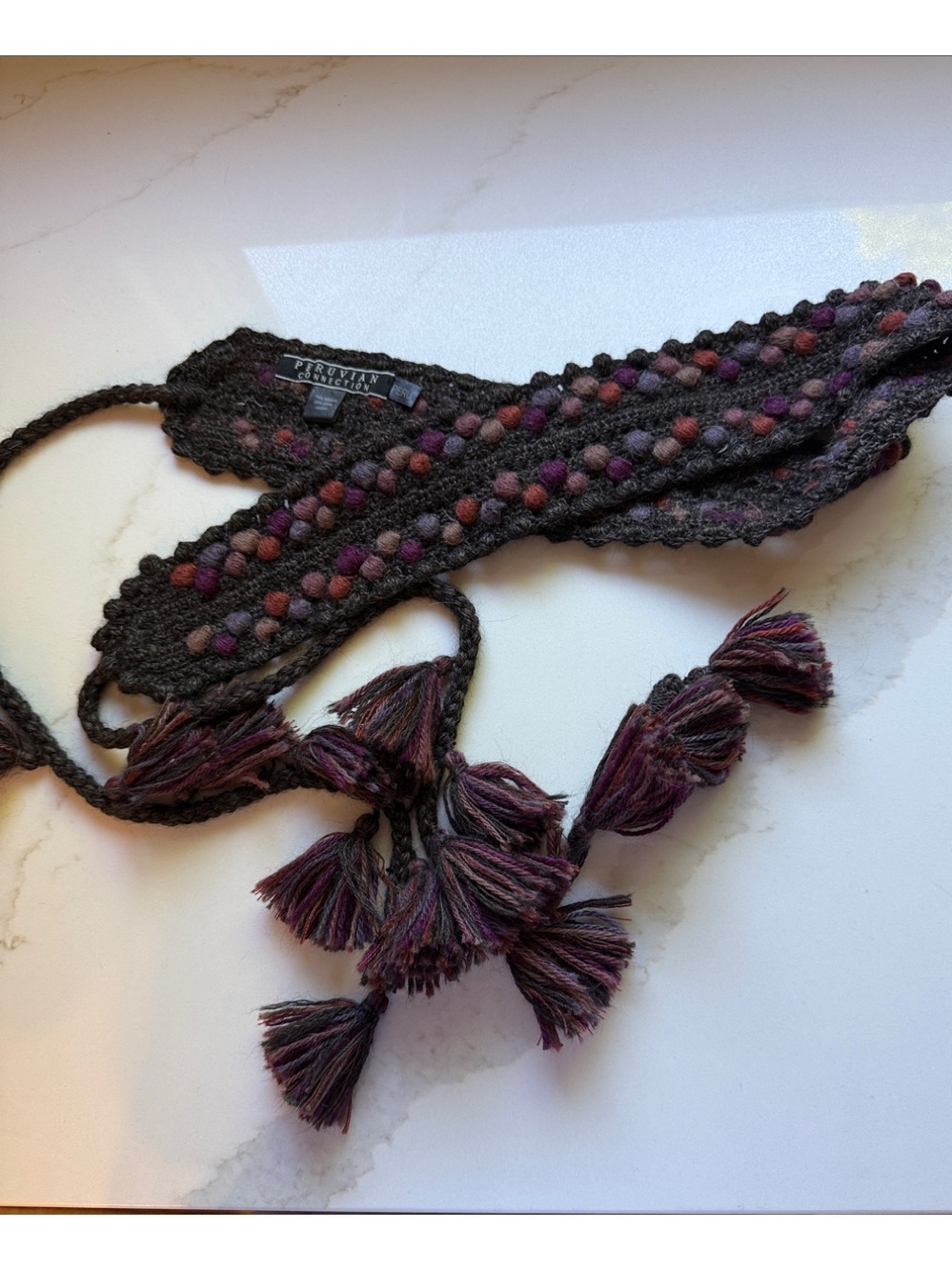 Peruvian Connection Handwoven Tassel Belt in Charcoal and Plum Alpaca Cotton